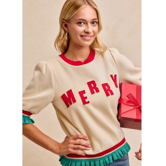 "The Cherish" Christmas "MERRY" Contrast Banded Sweater - Picture 4 of 4